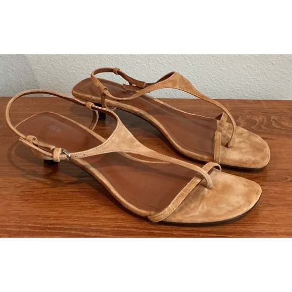 Zara sandals Womens size 40 suede kitten heels brown Sling Back straps $109 - Picture 3 of 6